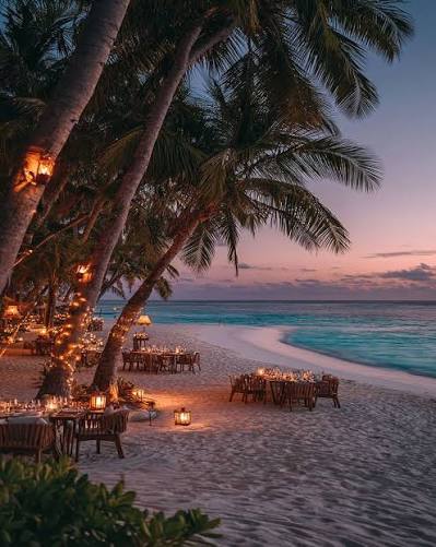 Private candlelit beach dinner under palm trees at dusk